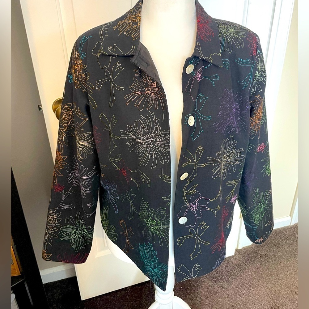 Alex Kim Woman’s Black Blazer Embroidered Flowers Sz PL Floral Colorful Cotton